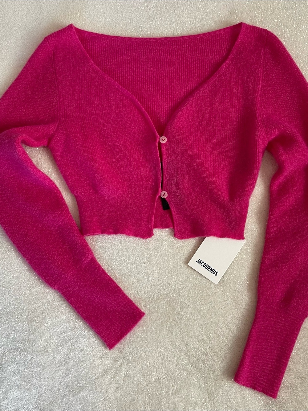 JACQUEMUS Hot Pink Cropped Knit Mohair Wool Blend Button Longsleeve Cardigan Top